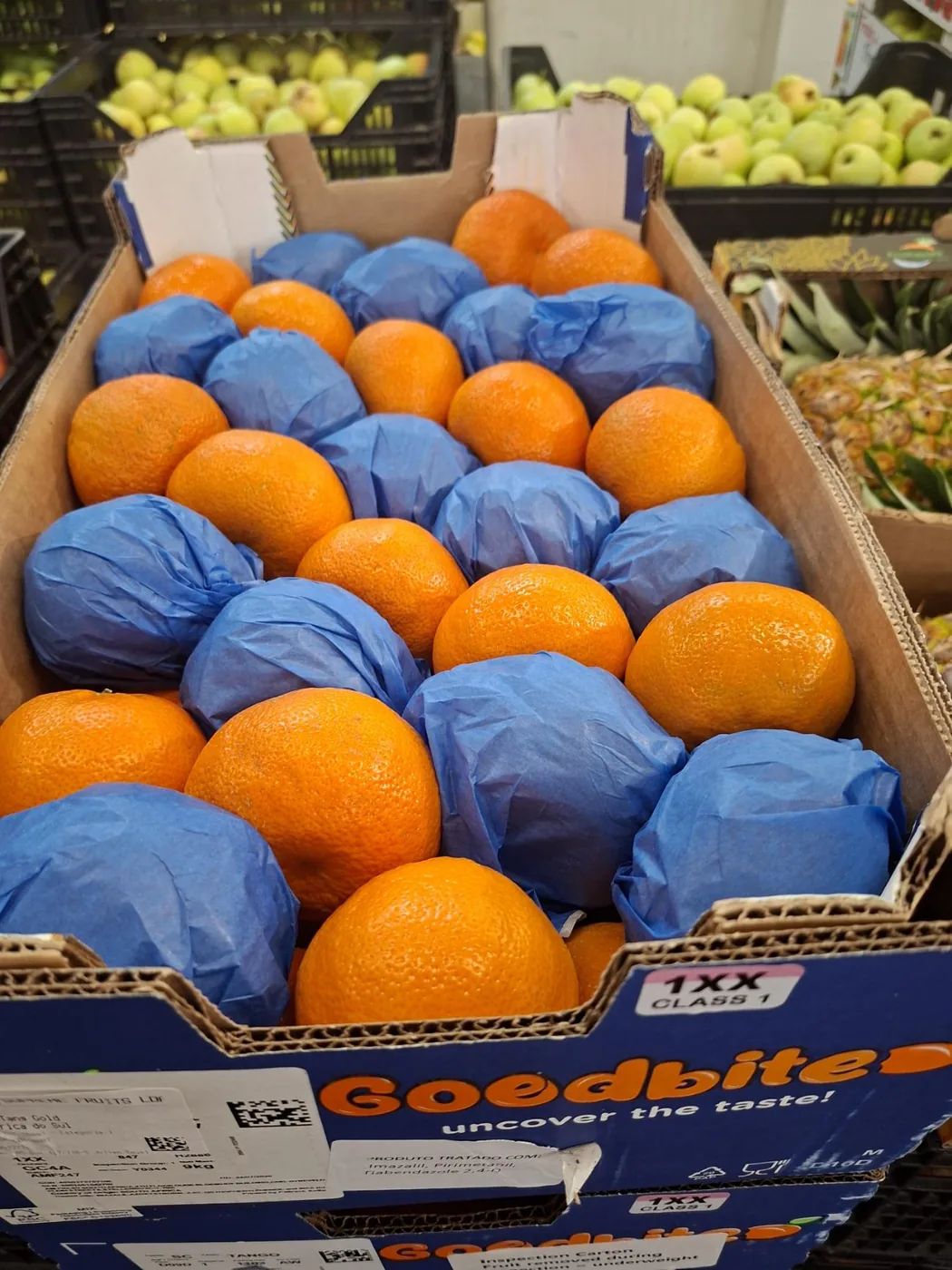 Clementinas, parte delas em papel azul